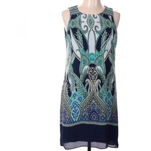 Rose & Olive navy aqua and white paisley print shift dress size 10
